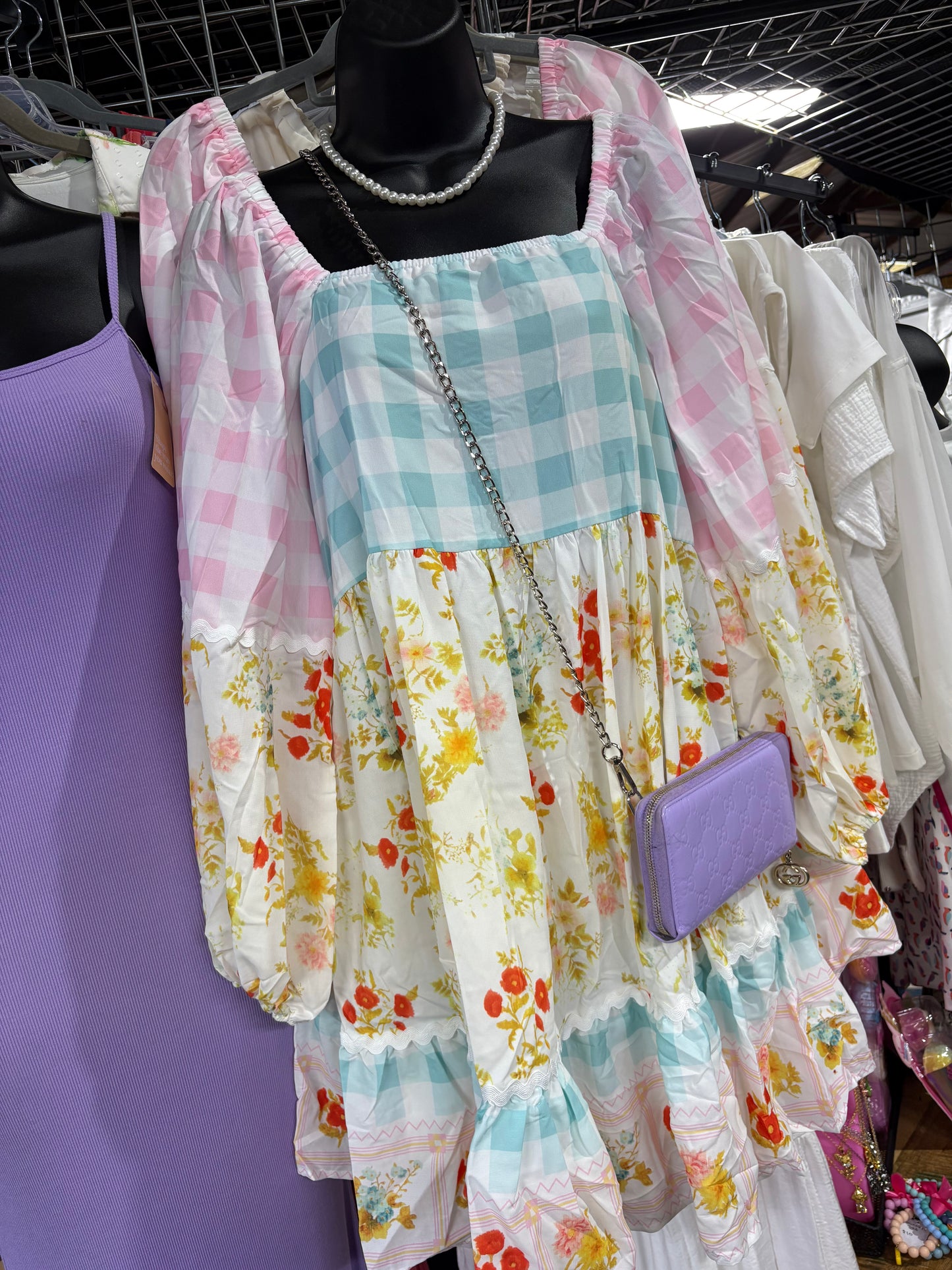 Pink Ric Rack Plaid Floral Print Dress with Puff Sleeves