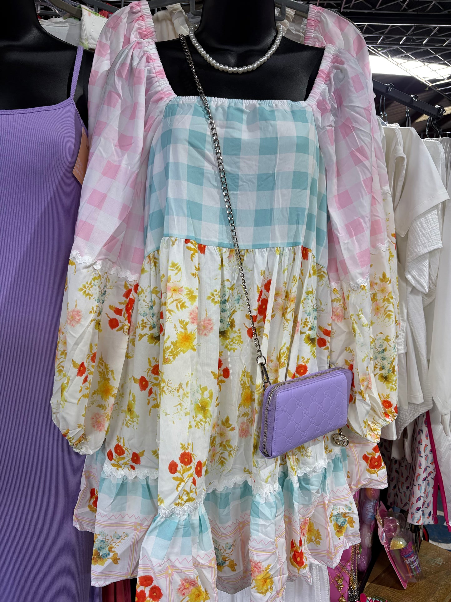 Pink Ric Rack Plaid Floral Print Dress with Puff Sleeves